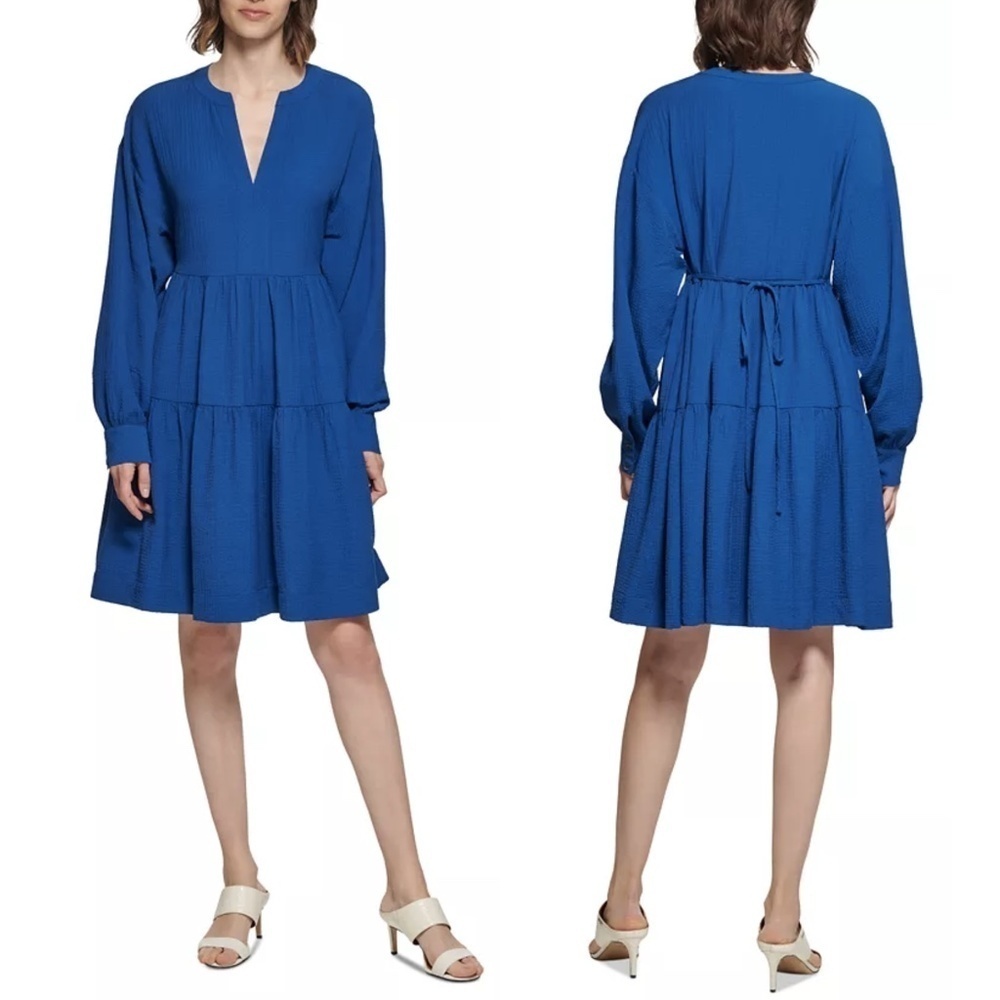 Calvin Klein Long Sleeve V Neck Tie Back Tiered Dress in Blue Sz. 22W NWT